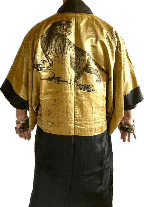 Luxe Antique haori  soie noire KenKatabami Montsuki Tora Oeil du tigre homme  
