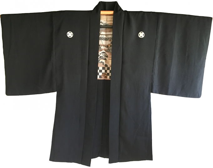 Luxe antique haori samourai soie noire Kamon Takanohane Clan Chushingura homme "Made in Japan" 