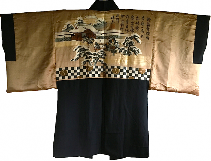 Luxe antique haori samourai soie noire Kamon Takanohane Clan Chushingura homme "Made in Japan" 