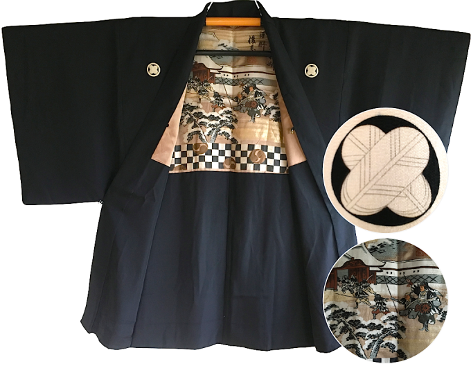 Luxe antique haori samourai soie noire Kamon Takanohane Clan Chushingura homme "Made in Japan" 