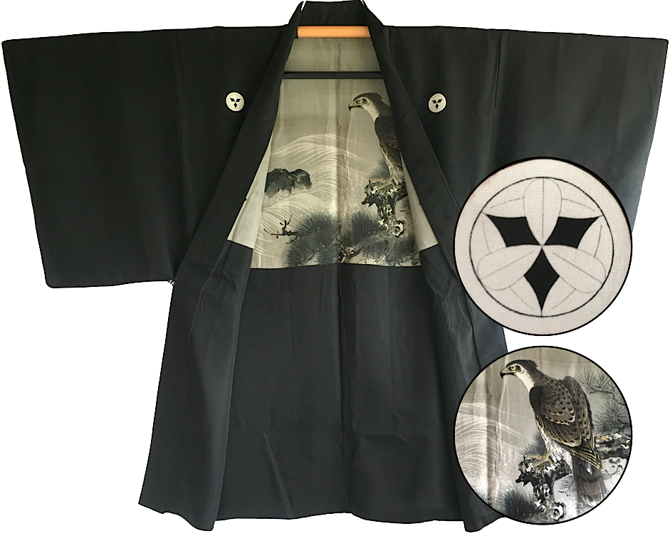 Luxe Antique haori samourai soie noire Takenaka Montsuki TakaMatsu Gara Faucon & Pin homme 