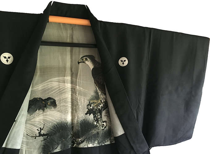 Luxe Antique haori samourai soie noire Takenaka Montsuki TakaMatsu Gara Faucon & Pin homme 