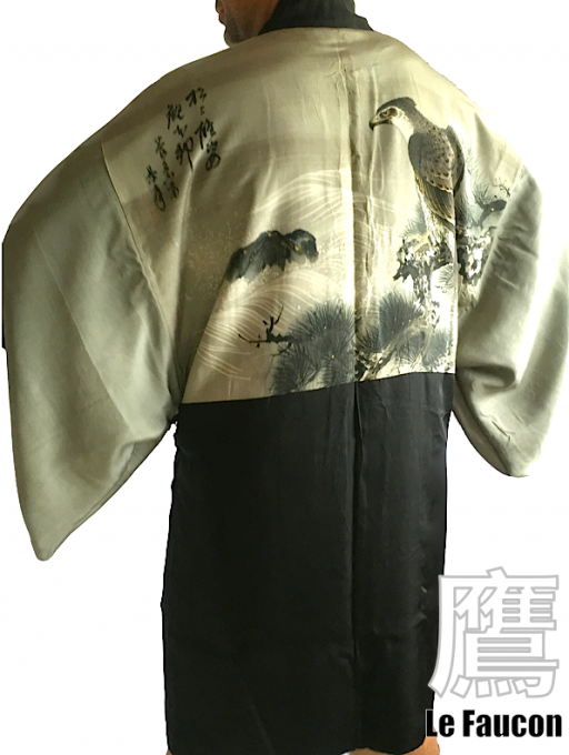 Luxe Antique haori samourai soie noire Takenaka Montsuki TakaMatsu Gara Faucon & Pin homme 