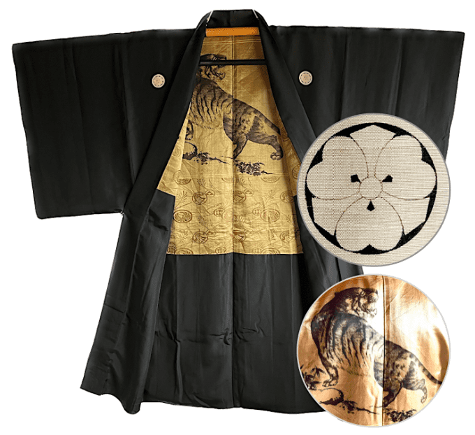 Luxe Antique haori  soie noire KenKatabami Montsuki Tora Oeil du tigre homme  