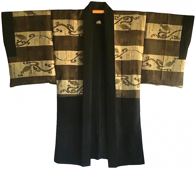 Luxe Antique haori soie noire Maruni Kashiwa Montsuki Koten Gara Waka homme 