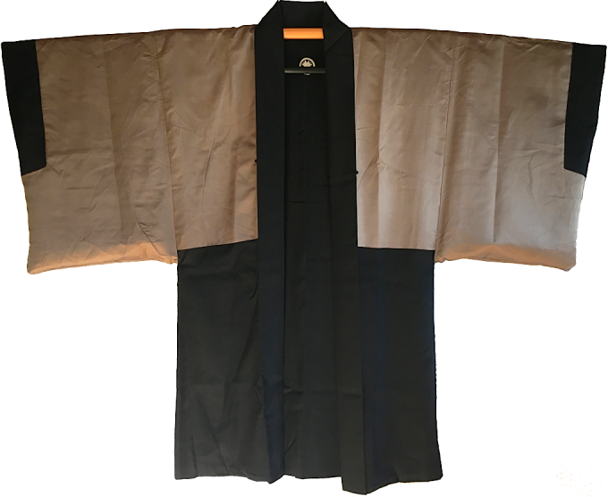 Luxe Antique Kimono Haori soie noire Maruni Chigai Ha Montsuki Kabuki homme