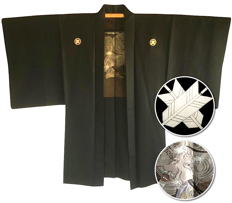 Luxe Antique Kimono Haori soie noire Maruni Chigai Ha Montsuki Noh Okina Nomen