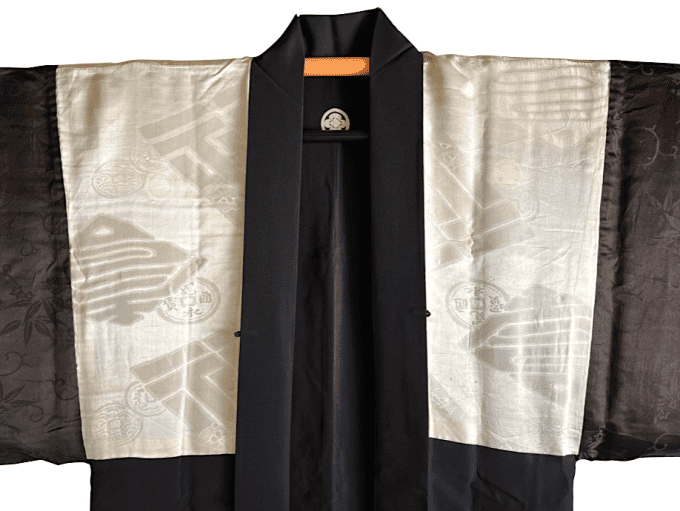 Luxe Antique haori  soie noire Mokkou Montsuki Samourai Benkei homme   