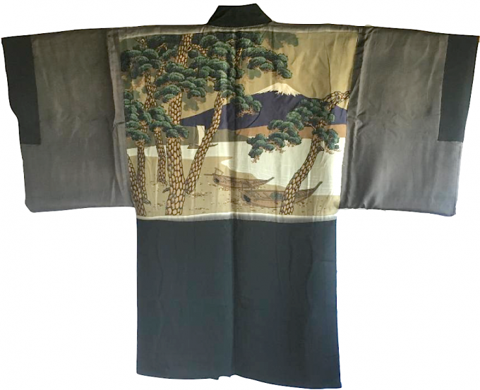 Antique Veste kimono Haori Samourai soie noire katabami Montsuki Matsubara Fuji