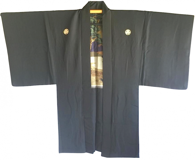 Antique Veste kimono Haori Samourai soie noire katabami Montsuki Matsubara Fuji