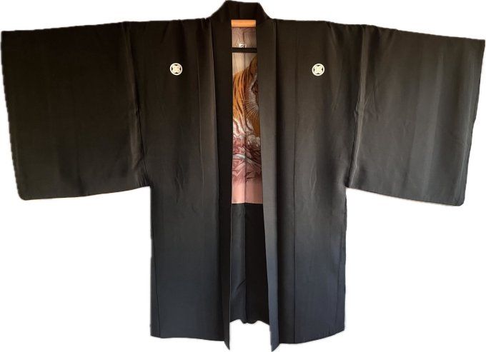 Antique haori homme - soie noire - TakanoHane Montsuki - Tigre Majestueux
