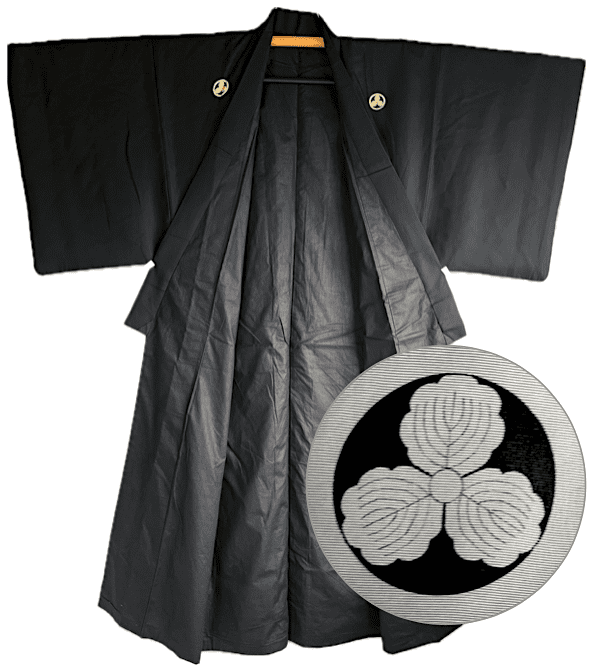 Antique kimono japonais homme soie noire Mitsukashiwa Montsuki 03 - Fabrication au Japon 