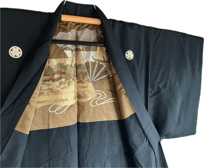 Haori japonais homme soie noire Katabami Montsuki Temple Kyomizudera Kyoto & Chateau Himeji