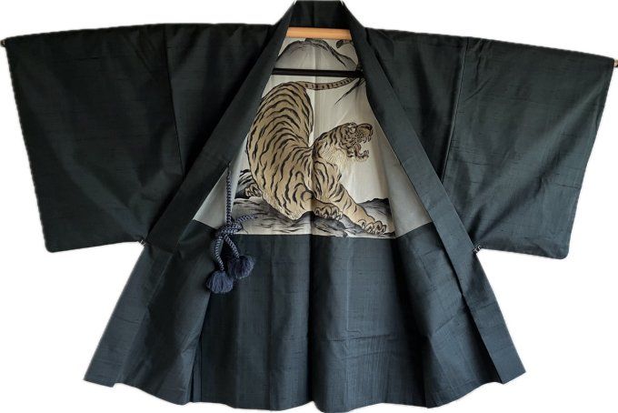 Haori homme antique - Soie Tsumugi noire - Tigre majestueux