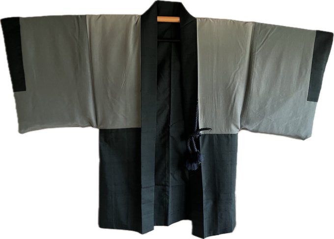 Haori homme antique - Soie Tsumugi noire - Tigre majestueux