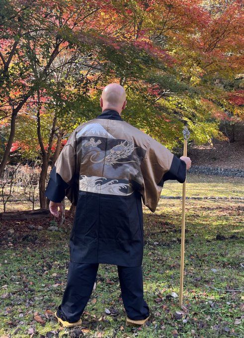 Haori japonais Homme Soie Noire Katabami Montsuki Fuji & Dragon