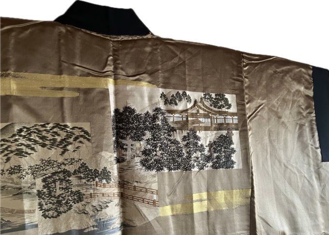 Haori japonais homme Soie Noire – Kenkatabami Montsuki – Sanctuaire Shinto Japonais