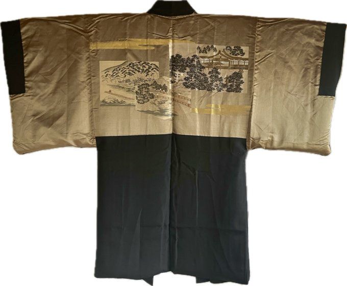 Haori japonais homme Soie Noire – Kenkatabami Montsuki – Sanctuaire Shinto Japonais
