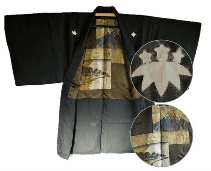 Haori Japonais Homme en Soie Noire Kiri Montsuki - Vue du Mont Fuji