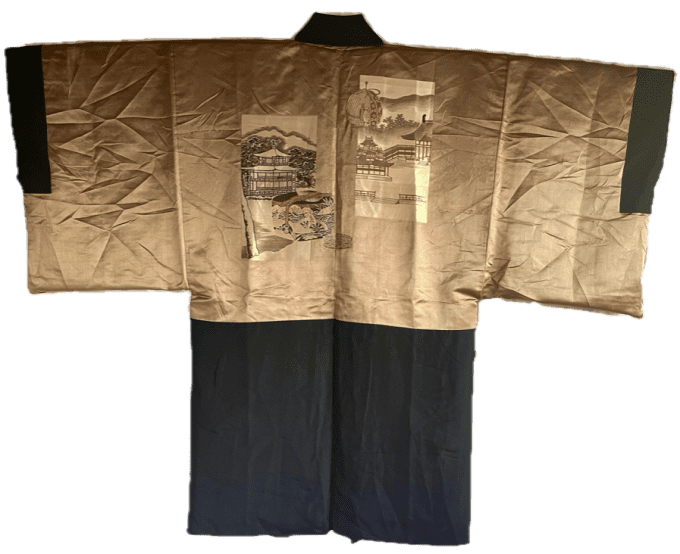 Haori japonais homme soie noire Tachibana Montsuki -Kinkakuji & Jinja Kyoto Japon