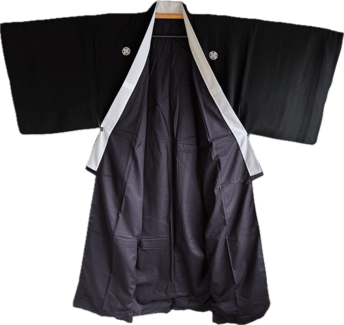 Antique kimono traditionnel japonais soie noire TakanoHane Montsuki homme 004 
