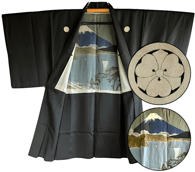 Antique haori soie noire kenkatabami Montsuki Fuji San homme 