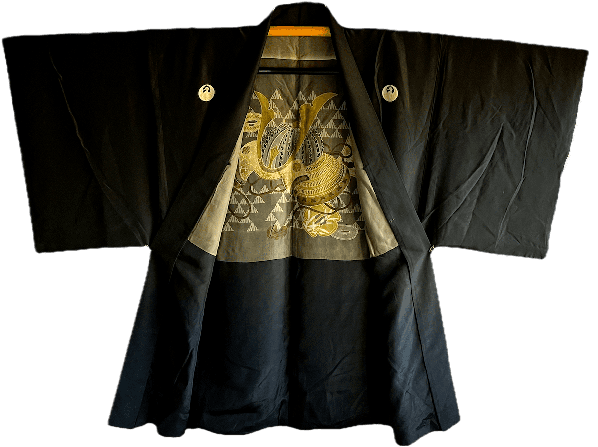 Haori  Japonais Homme soie Noire Tsuru Monstuki Casque de Samouraï (Kabuto)
