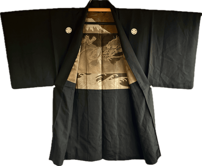 Haori japonais Homme Soie Noire Katabami Montsuki Fuji & Dragon