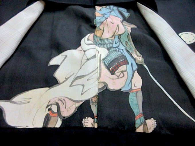 Antique Haori homme soie noire Kamon Kenkatabami SEPPUKU