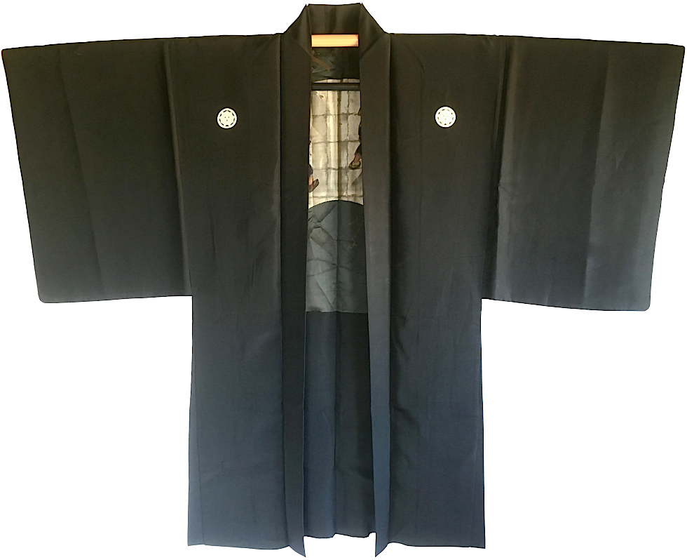 Rare antique Haori samourai soie noire Maruni KenKatabami Montsuki "Ken no Shiai"
