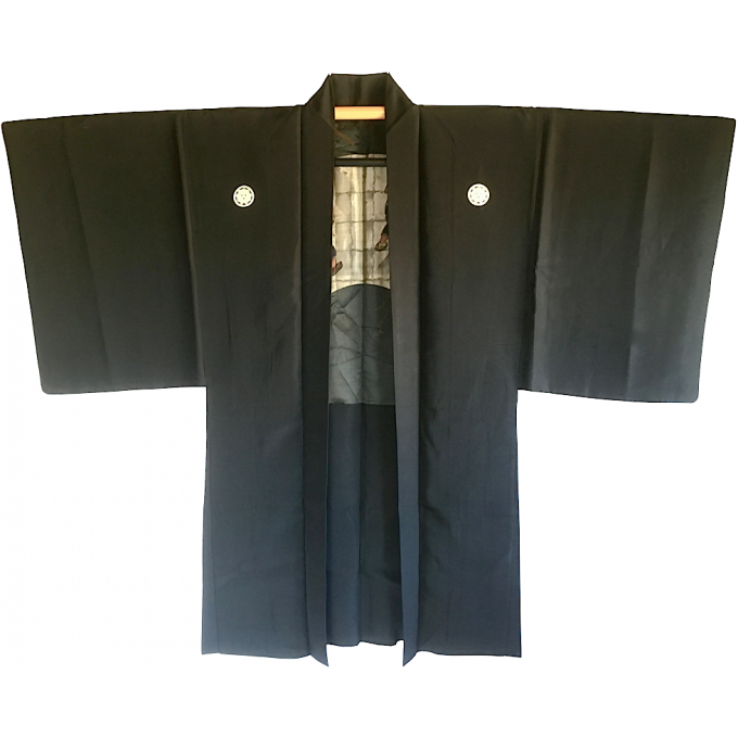 Rare antique Haori samourai soie noire Maruni KenKatabami Montsuki "Ken no Shiai"