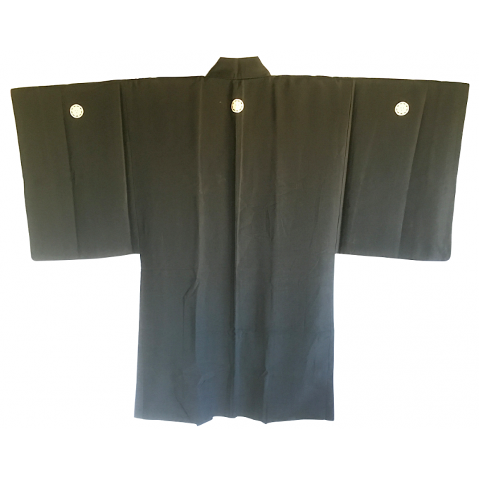 Rare antique Haori samourai soie noire Maruni KenKatabami Montsuki "Ken no Shiai"