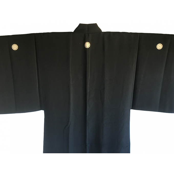 Rare antique Haori samourai soie noire Maruni KenKatabami Montsuki "Ken no Shiai"