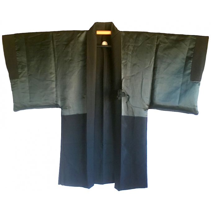 Rare antique Haori samourai soie noire Maruni KenKatabami Montsuki "Ken no Shiai"