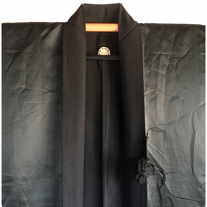 Rare antique Haori samourai soie noire Maruni KenKatabami Montsuki "Ken no Shiai"