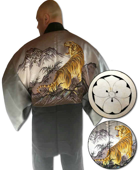 Rare antique kimono Haori samourai soie noire Maruni KenKatabami Montsuki TORA Le tigre