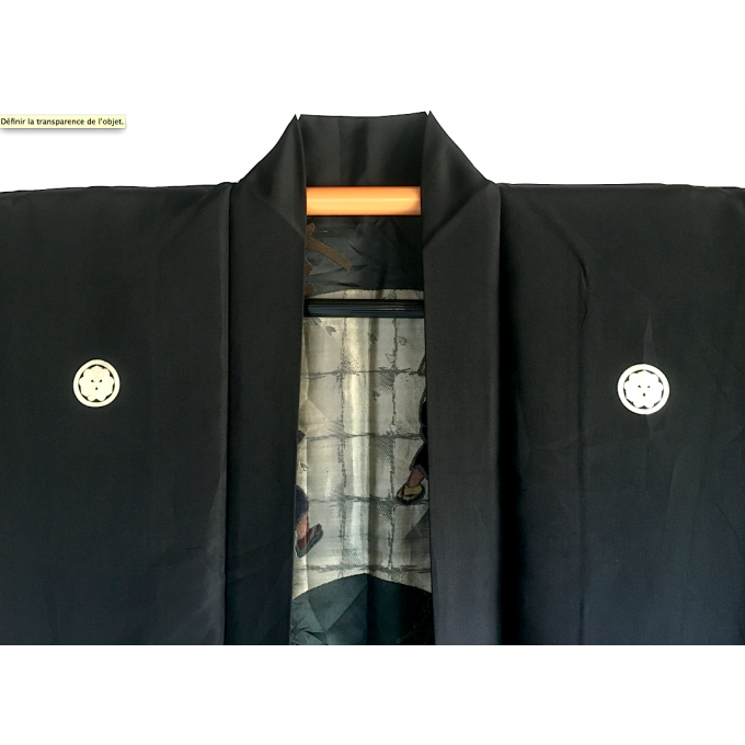 Rare antique Haori samourai soie noire Maruni KenKatabami Montsuki "Ken no Shiai"