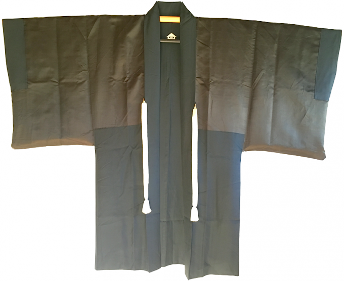 Rare luxe antique haori samourai soie noire Kamon Uchida Mokkou Torii Miyajima homme Made in Japan