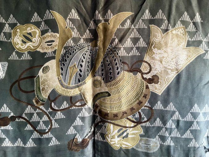 Haori  Japonais Homme soie Noire Tsuru Monstuki Casque de Samouraï (Kabuto)