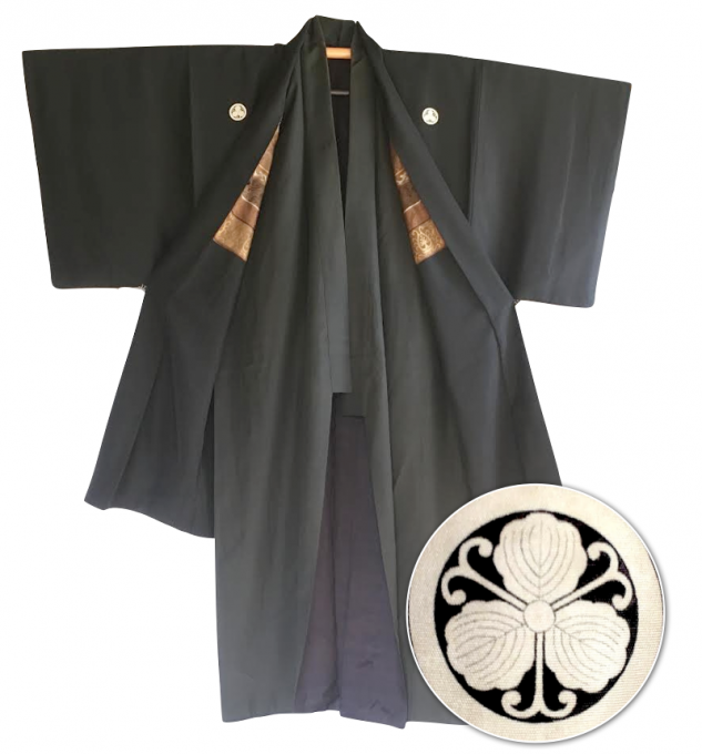 Set Antique Haori & kimono traditionnel japonais soie noire Mitsukashiwa Montsuki homme 