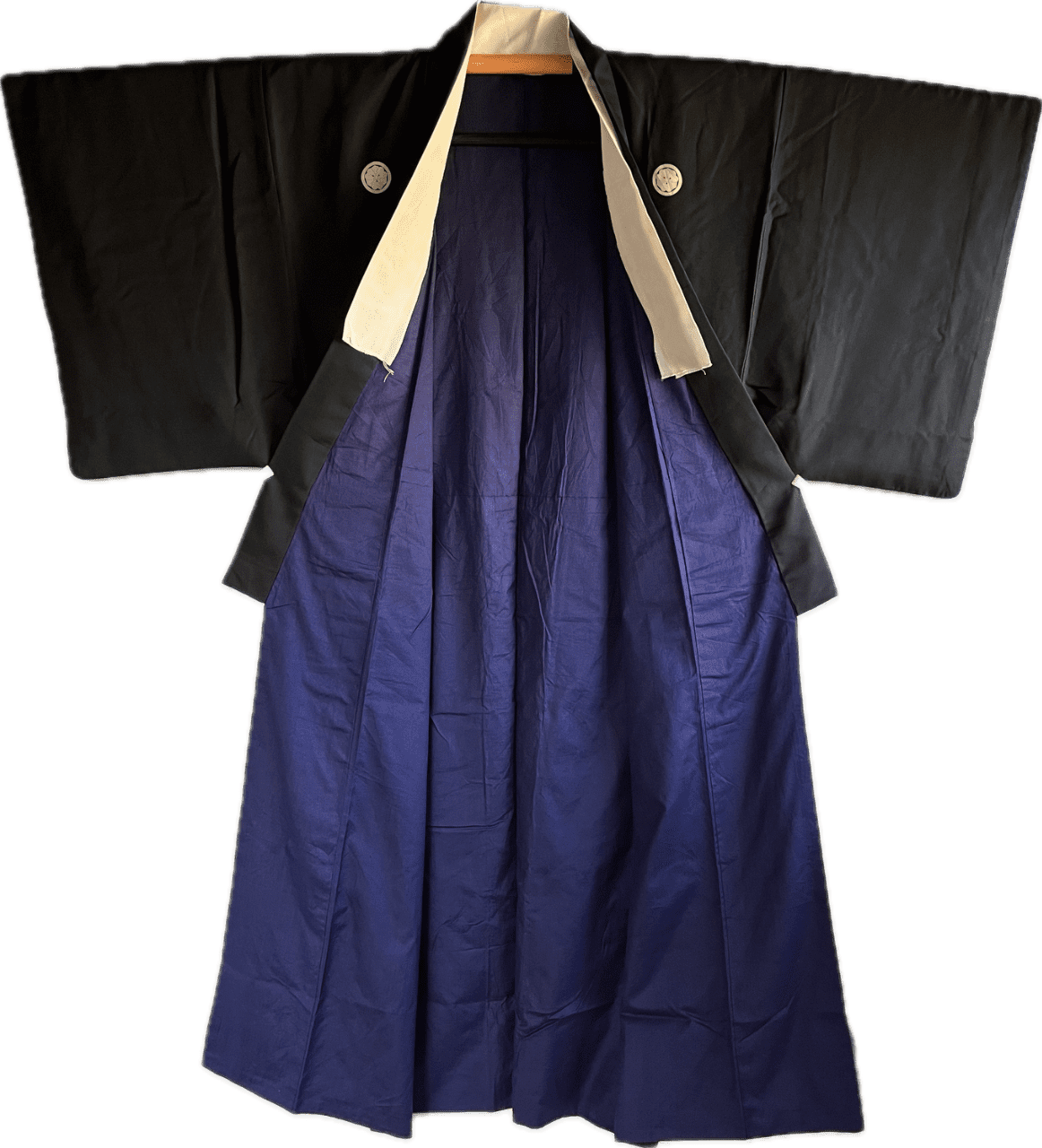 Set Antique kimono japonais Kenkatabami Montsuki + ceinture Kaku Obi soie noire homme 