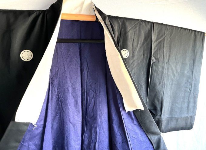 Set Antique kimono japonais Kenkatabami Montsuki + ceinture Kaku Obi soie noire homme 