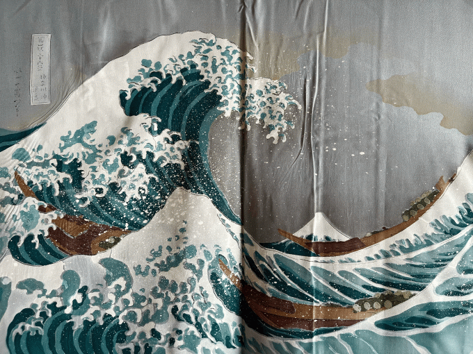 Ensemble Kimono & Haori Japonais Homme Soie bleu Tsumugi Hokusai La grande vague japonaise + OBI