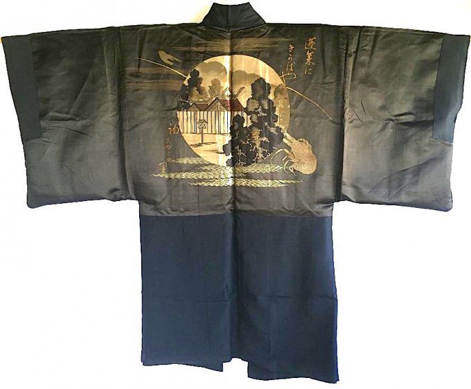 Luxe Antique veste kimono haori samourai soie noire Gunbai Uchiwa Montsuki Ise jingu homme