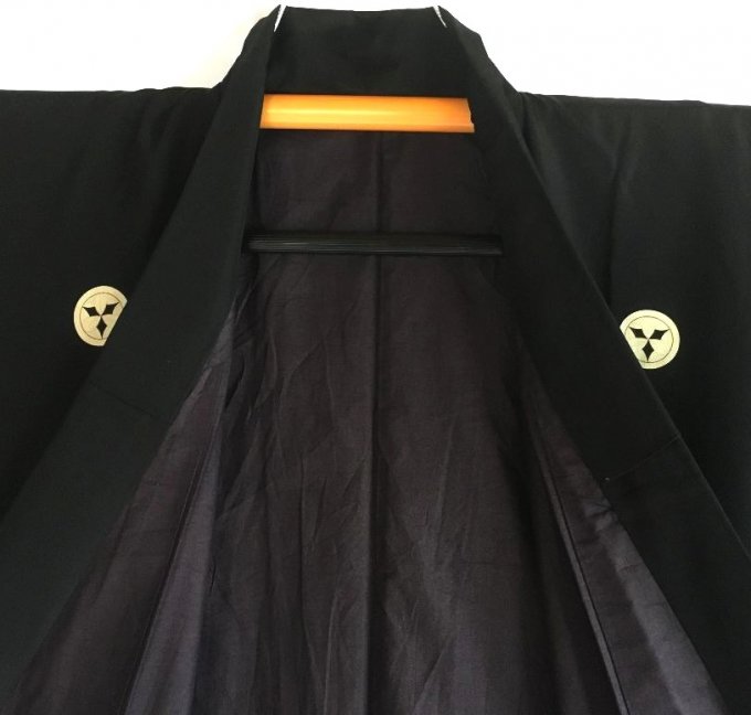 Antique kimono japonais samourai soie noire Kamon clan samourai Takenaka homme "Made in Japan" 