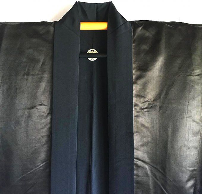 Luxe Antique veste kimono haori samourai soie noire Gunbai Uchiwa Montsuki Ise jingu homme
