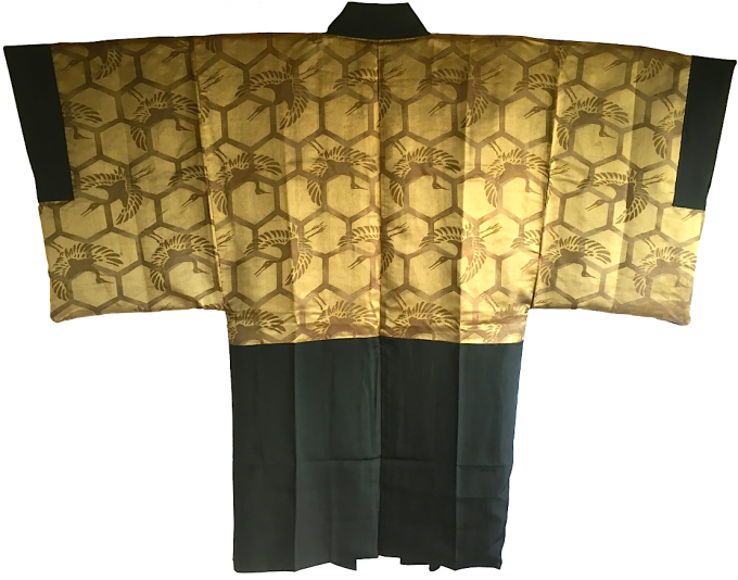 Luxe Antique haori samourai soie noire Mitsu Ishi montsuki Tsuru Grue du Japon homme