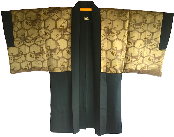 Luxe Antique haori samourai soie noire Mitsu Ishi montsuki Tsuru Grue du Japon homme