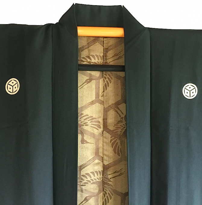 Luxe Antique haori samourai soie noire Mitsu Ishi montsuki Tsuru Grue du Japon homme