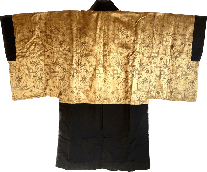 Antique Haori soie noire Maruni UmeBachi Montsuki Sakura Guruma homme 